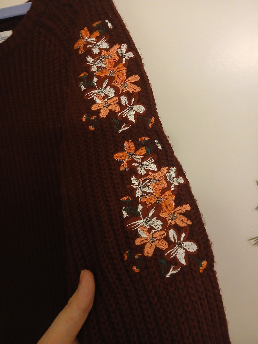 Indigo Brown Crewneck Sweater with Orange and White Floral Embroidery